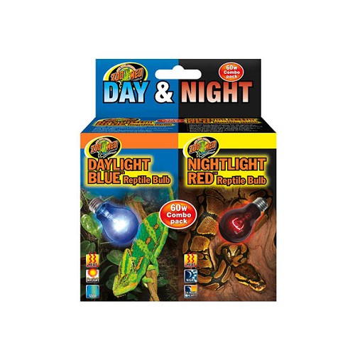 The Day & Night Reptile Bulb Combo Pack includes 60 watt bulbs of our popular Daylight Blue and Nightlight Red Reptile Bulbs.

Daylight Blue™ Bulb

- 60 Watt Daylight Blue™ bulb for heating reptile or amphibian terrariums.
European quality for long lasting burn life.
Un-coated Blue Glass for better heat transfer.
Nightlight Red™ Bulb

- 60 Watt Nightlight Red™ Bulb. True red glass 24 hour heat lamp.
Perfect “Nightlight” bulb for viewing the nocturnal behavior of your animals.
European quality for long lasting burn life.