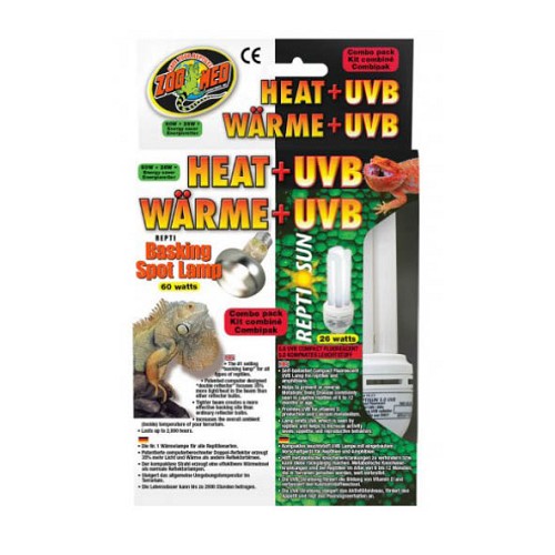 The Zoo Med Heat + UVB Combo Pack includes both heating and UVB in one snazzy combo package!

Repti Basking Spot® Lamp

- 100 Watt Basking Spot® Lamp
- The #1 Selling “basking lamp” for all types of reptiles.
- bPatented computer designed “double reflector” focuses 35% more light/heat in the beam than other reflector bulbs.
- Lasts up to 2,000 hours.

5.0 UVB Compact Fluorescent

- Self-ballasted Compact Fluorescent UVB Lamp for reptiles and amphibians.
- Helps to prevent Metabolic Bone Disease commonly seen in captive reptiles at 6-12 months of age.
- Provides UVB for vitamin D production and calcium metabolism.
- Lamp emits UVA which is seen by reptiles and helps to increase activity levels, appetite, and reproductive behaviors.