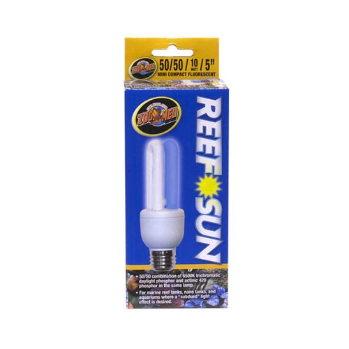 50/50 combination of 6500K trichromatic daylight phosphor and actinic 420 phosphor in the same lamp! For marine reef tanks, nano tanks, and aquariums where a “subdued” light effect is desired.
Self ballasted compact fluorescent lamp.
Fits standard medium base fixture.