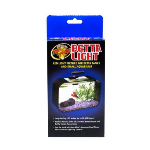 LED Light Fixture for Betta Tanks & Small Aquariums.

Long-lasting LED Bulbs: up to 50,000 hours!
Perfect for use with all Zoo Med Betta House™ and Betta Condo™ Aquariums.
Can be used with Zoo Med’s AquaSun® Dual Timer for automatic lighting control.