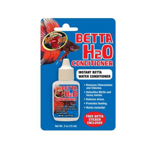 The Zoo Med Betta H2O conditioner instantly conditions your pet’s water to promote good health.

- Removes chloramines and chlorine.
- Detoxifies nitrite and heavy metals.
- Relieves stress.
- Promotes healing.
- Works instantly!