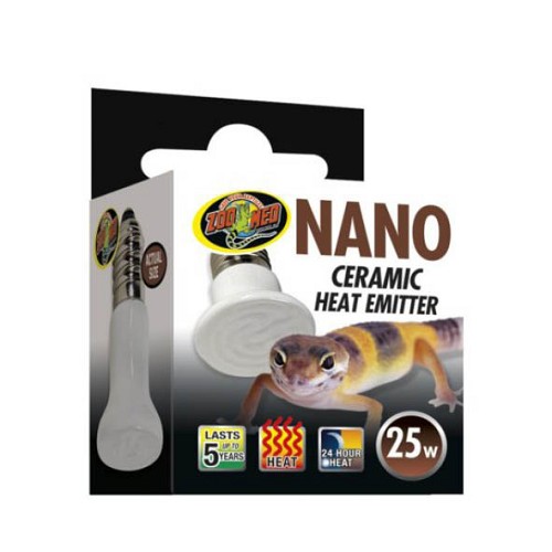 Zoo Med’s Ceramic Heat Emitter is now available in NANO size! Ceramic Heat Emitters are the perfect 24 hour heat source for all reptiles. These porcelain heating devices screw into a standard porcelain incandescent socket, giving off intense “muscle-penetrating” infrared heat.
- Emits No Light! 24-hour heat source for nano-sized terrariums
- Long life! Lasts up to 5 years.
- Ideal for small geckos, hatchling reptiles, amphibians, or invertebrates (arachnids or tarantulas).
- Available in 25 watt and 40 watt.