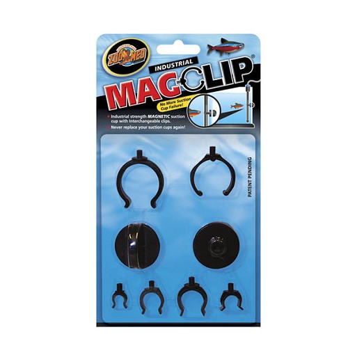 Industrial strength magnetic suction cup with interchangeable clips. Never replace your suctions cups again!

-Includes 6 assorted sizes of nylon clips to hold all types of aquarium accessories like canister filter outlet tubes, aquarium heaters, filter intake tubes, filter spray bars, airline tubing, etc.
