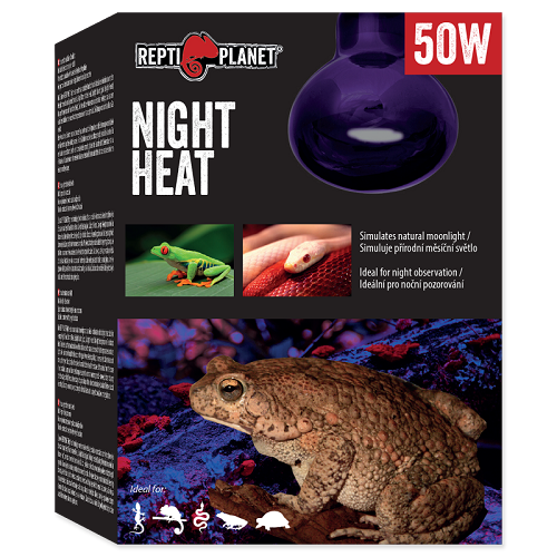 Simulates the natural moonlight
Ideal for night observation
Supports natural behavior of reptiles and amphibians
Suitable to combine with daylight heat bulbs

Bulb REPTI PLANET Night Heat simulates the natural moonlight and is an ideal combination with daylight heat bulbs (for example Repti Planet Infrared Heat, Daylight Basking Spot, Daylight Frosted, Daylight Neodymium or Far Infrared Heat).
The intensity of heat radiation is low, which is ideal due to the natural decrease of night temperatures in nature. Light color is achieved through the blue color of the glass.

When selecting a bulb, it is necessary to take into account not only the type of UVB bulb, but also the species of animal to be bred and the distance of the animal from the source of UVB radiation.
Lamps and fluorescent lamps are subject to a normal warranty period. However, it does not apply to the breakage of light fibers, tube breakage and gas leakage which is due to normal use (standard lifetime is about 6 months). Warranty period may vary according to individual states and is subject to local laws and regulations.