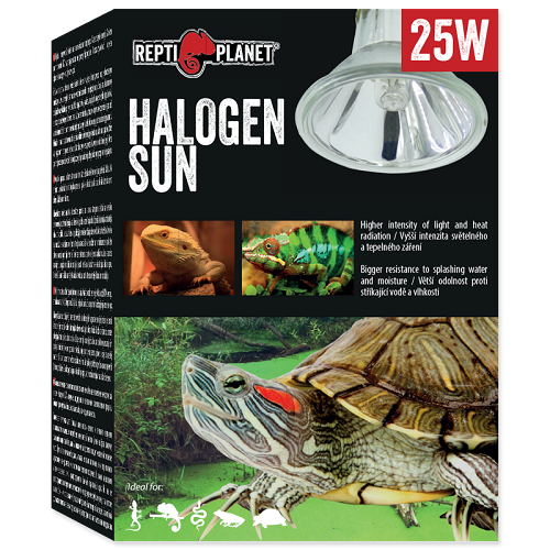 Higher intensity of light and heat radiation.
Lower power consumption. Contains UVA radiation, supports natural physiological processes.
Longer lifetime and bigger resistance to splashing water and moisture (variant with glass).
Contain UVB light. Can be used as full spectrum bulb (variant without glass).

Halogen bulb delivers higher light and heat intensity depending on lower power consumption (it is possible to choose a bulb with lower power). Special aluminum reflector creates a local heating spot. When selecting a bulb, it is necessary to take into account not only the type of bulb, but also the species of animal to be bred and the distance of the animal from the source of heat radiation. Lamps and fluorescent lamps are subject to a normal warranty period. However, it does not apply to the breakage of light fibers, tube breakage and gas leakage which is due to normal use (standard lifetime is about 6 months). Warranty period may vary according to individual states and is subject to local laws and regulations.