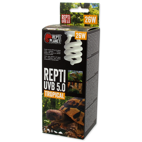 Ideal for all tropical and sub-tropical reptiles.
Optimals level of UVB, imitates shady rainforests and tropical areas.
Effective up to 30 cm (the minimum recommended distance from the source is 10cm)
Provides necessary UVB rays for optimal calcium metabolism.
Contains UVA rays that stimulate activity, appetite and reproductive behavior.

REPTI PLANET UVB 5.0 does not emit enough heat and light rays. If necessary, combine with heating and lighting lamps (such as Repti Planet Infrared Heat, Daylight Basking Spot, Daylight Frosted, Daylight Neodymium, Far Infrared Heat or Night Heat).

The optimal UVB intensity helps to convert vitamin D3, which ensures calcium absorption. UVB radiation is part of sunlight, which is important for the health of terrier animals and prevents metabolic diseases. The intensity of UVB radiation in bulbs decreases during use (over 1 year more than 50%). Regular replacement ensures optimal UVB intensity.

When selecting a bulb, it is necessary to take into account not only the type of UVB bulb, but also the species of animal to be bred and the distance of the animal from the source of UVB radiation.

Lamps and fluorescent lamps are subject to a normal warranty period. However, it does not apply to the breakage of light fibers, tube breakage and gas leakage which is due to normal use (standard lifetime is about 6 months).