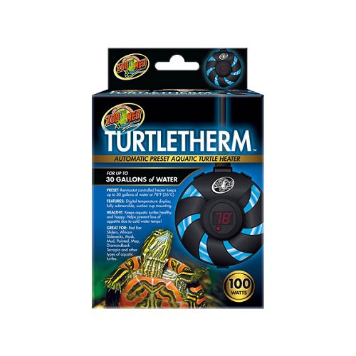 Preset submersible aquatic heater for use in turtle habitats with up to 15 or 30 gallons of water. Helps keep aquatic turtles healthy and happy. Helps prevent loss of appetite to cold water temps! Great for Red Eared Sliders, African Sidenecks, Musk, Mud, Painted, Map, Diamondback Terrapin, and a variety of other great aquatic pet turtles!

- Preset to heat your pet’s habitat to 78° F for 15 gallon (TH-50) or 30 gallons (TH-100) of water.
- Mounts on the side or back glass wall of your aquatic turtle’s habitat with included suction cups.
- Fully submerge heater in water before plugging the heater into an electrical outlet. Safety shut-off activates if removed from water
